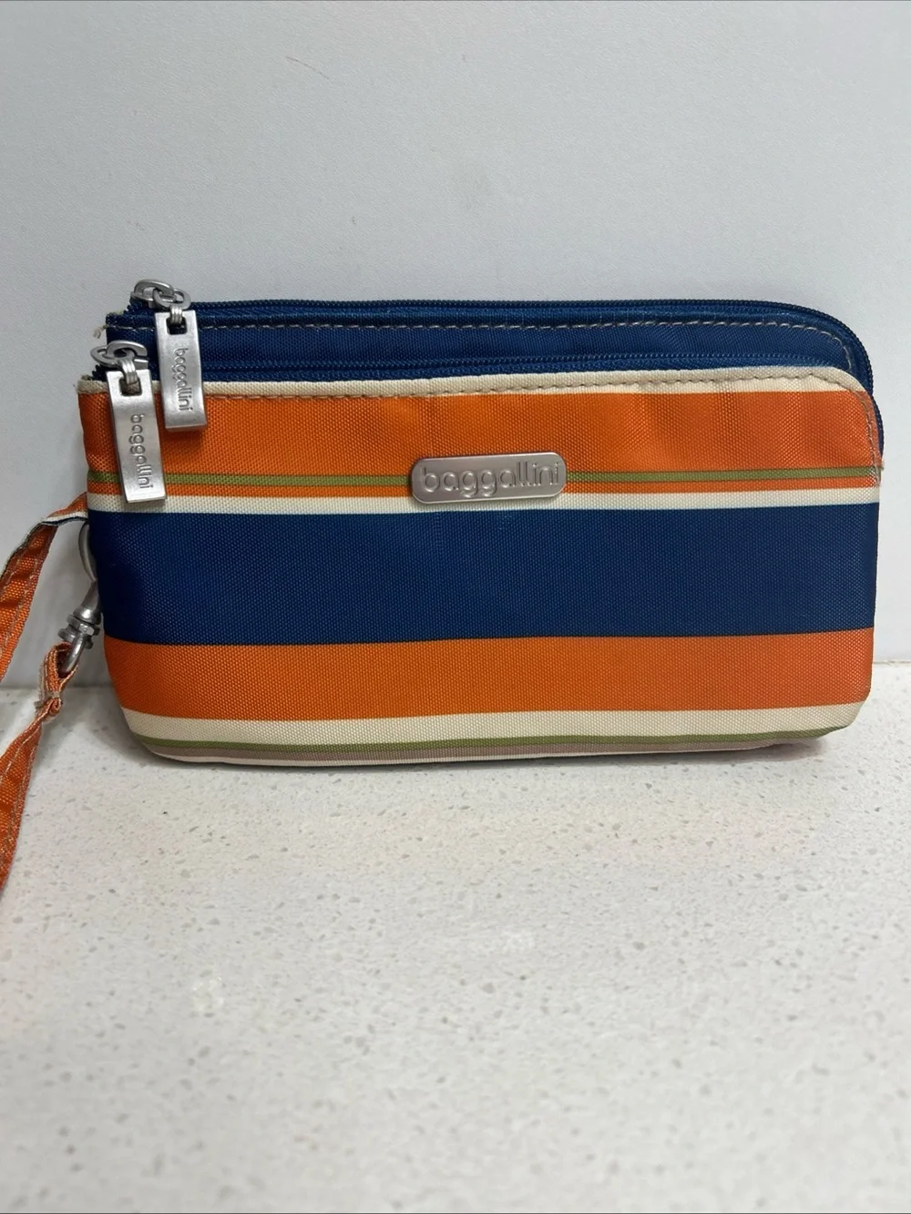 Baggallini Orange, Navy & Cream Striped Double Zip RFID Wristlet